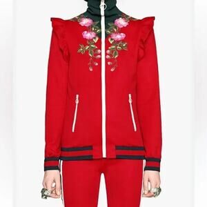 NWT Gucci Red Jersey Floral Embroidered
Technical Jacket Sz Large w/ Dustbag